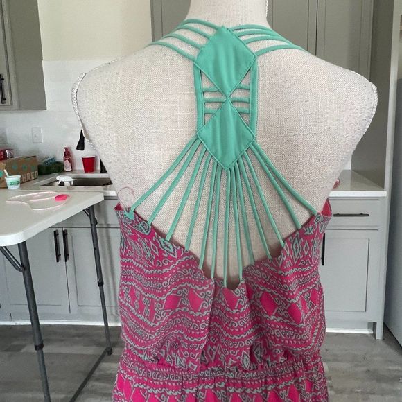 Umgee Hi Low Dress Pink Green Print Sleeveless Caged Back Size Large - Picture 5 of 8